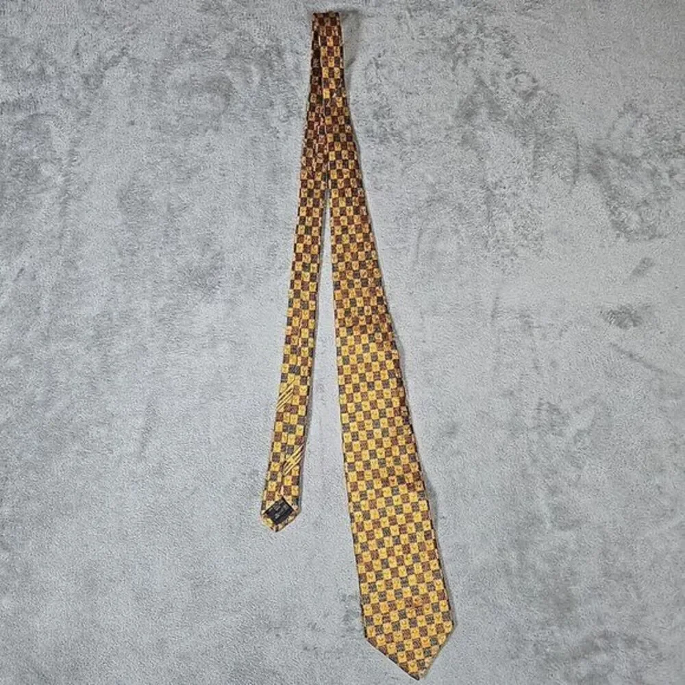 Ermenegildo Zegna Neck Tie‎ Mens Yellow Floral Check 100% Silk Made in Italy